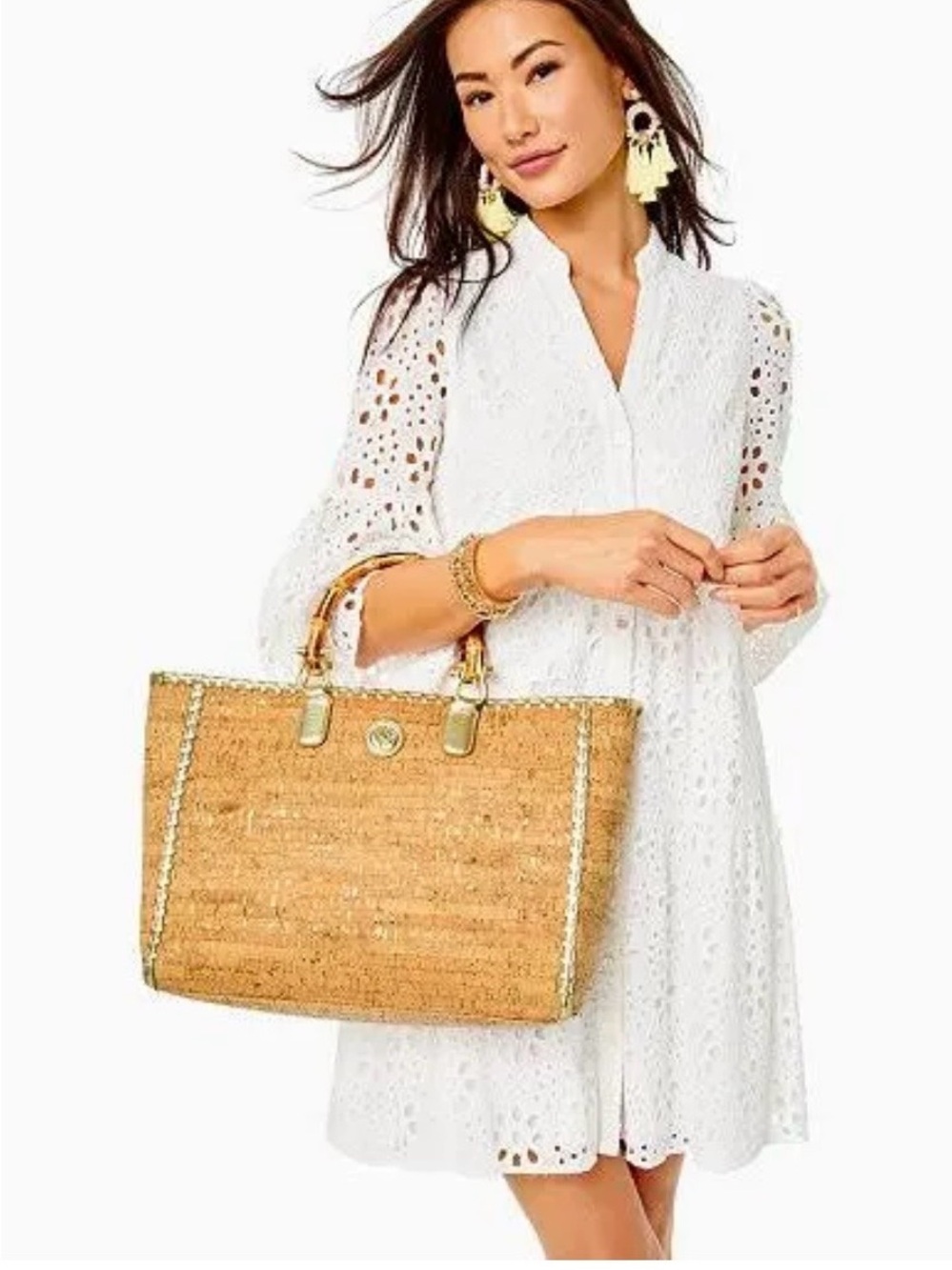 Lilly Pulitzer Cork Natural Greydon Tote Bamboo handles